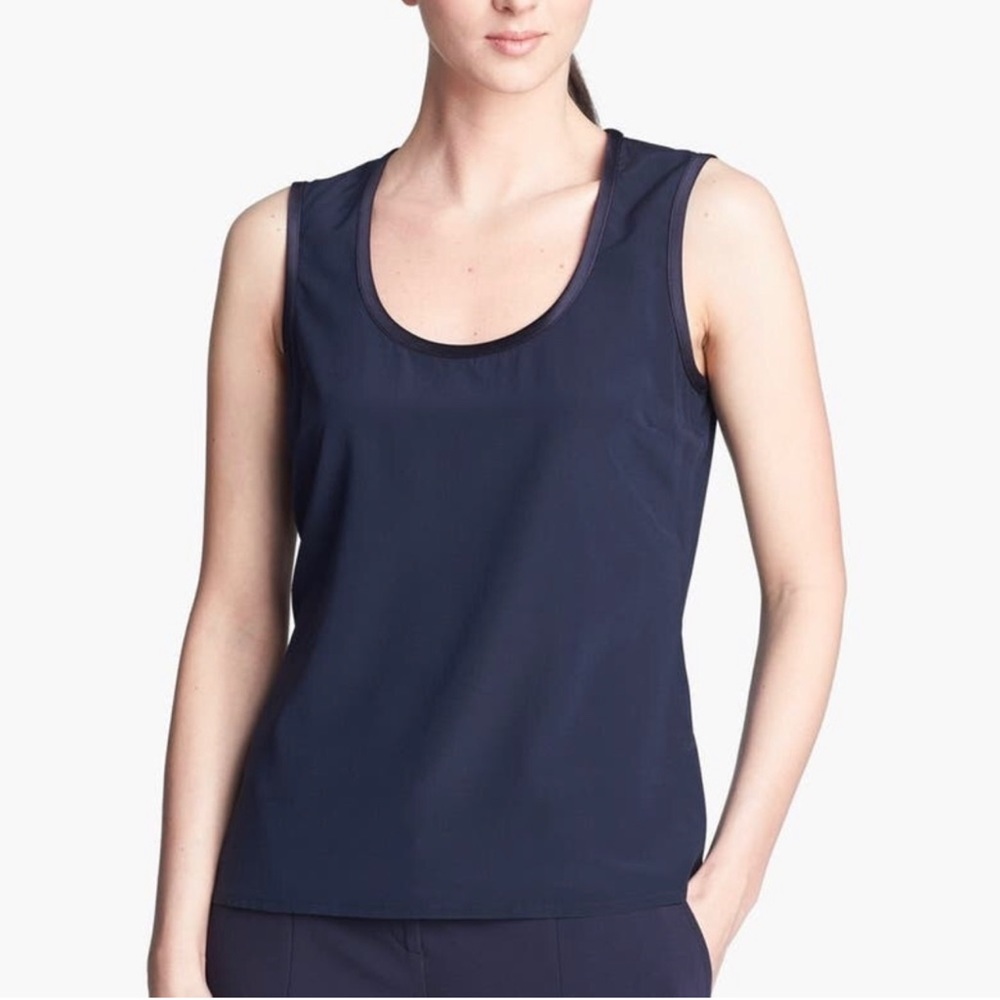 ST. JOHN Liquid Satin Trim Navy Silk Crepe Shell